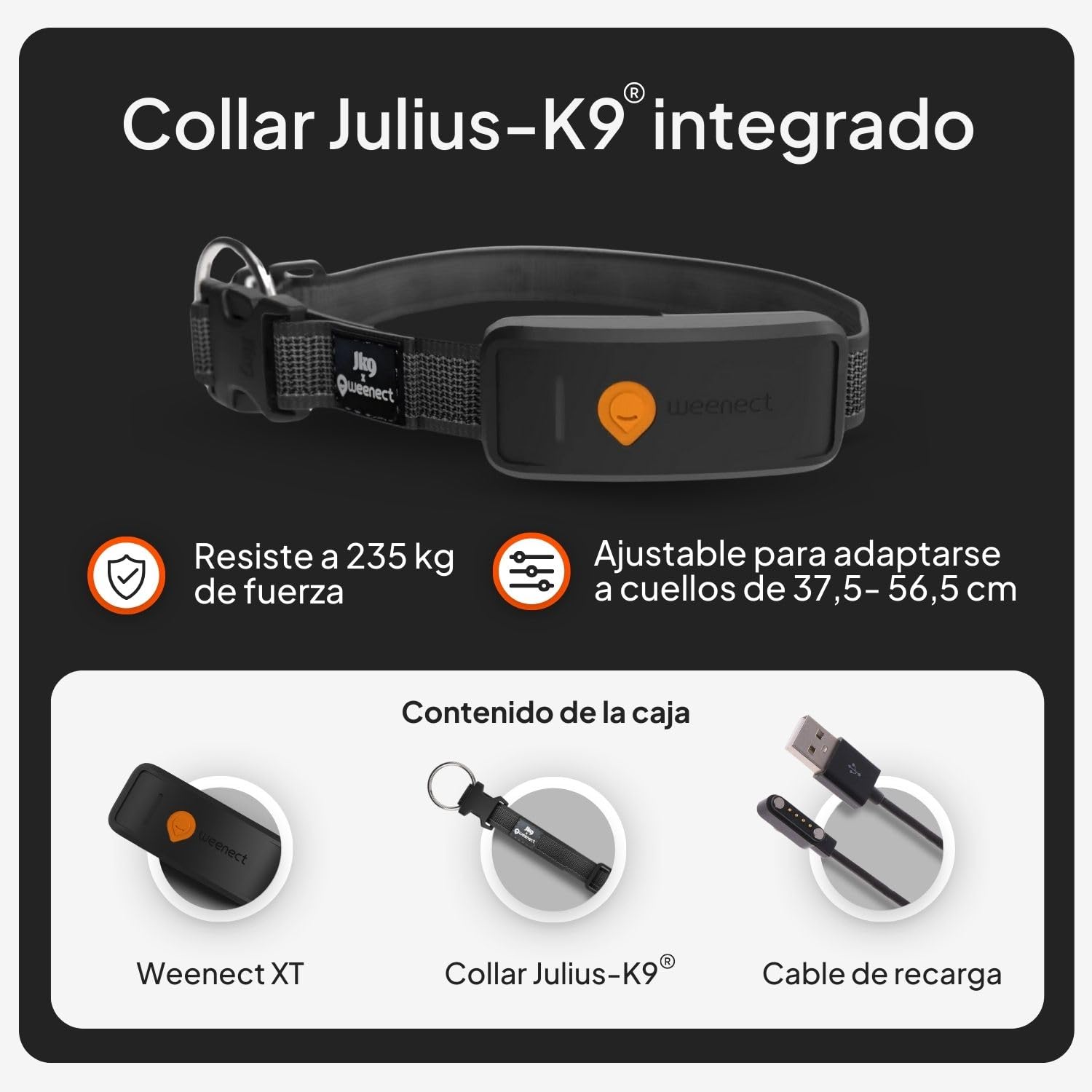 Weenect Dog XT - Nuevo Collar GPS para Perros | Antena XL | Impermeable | Collar Negro Ultra-Resistente Integrado Julius-K9 | Garantía de por Vida | Suscripción requerida