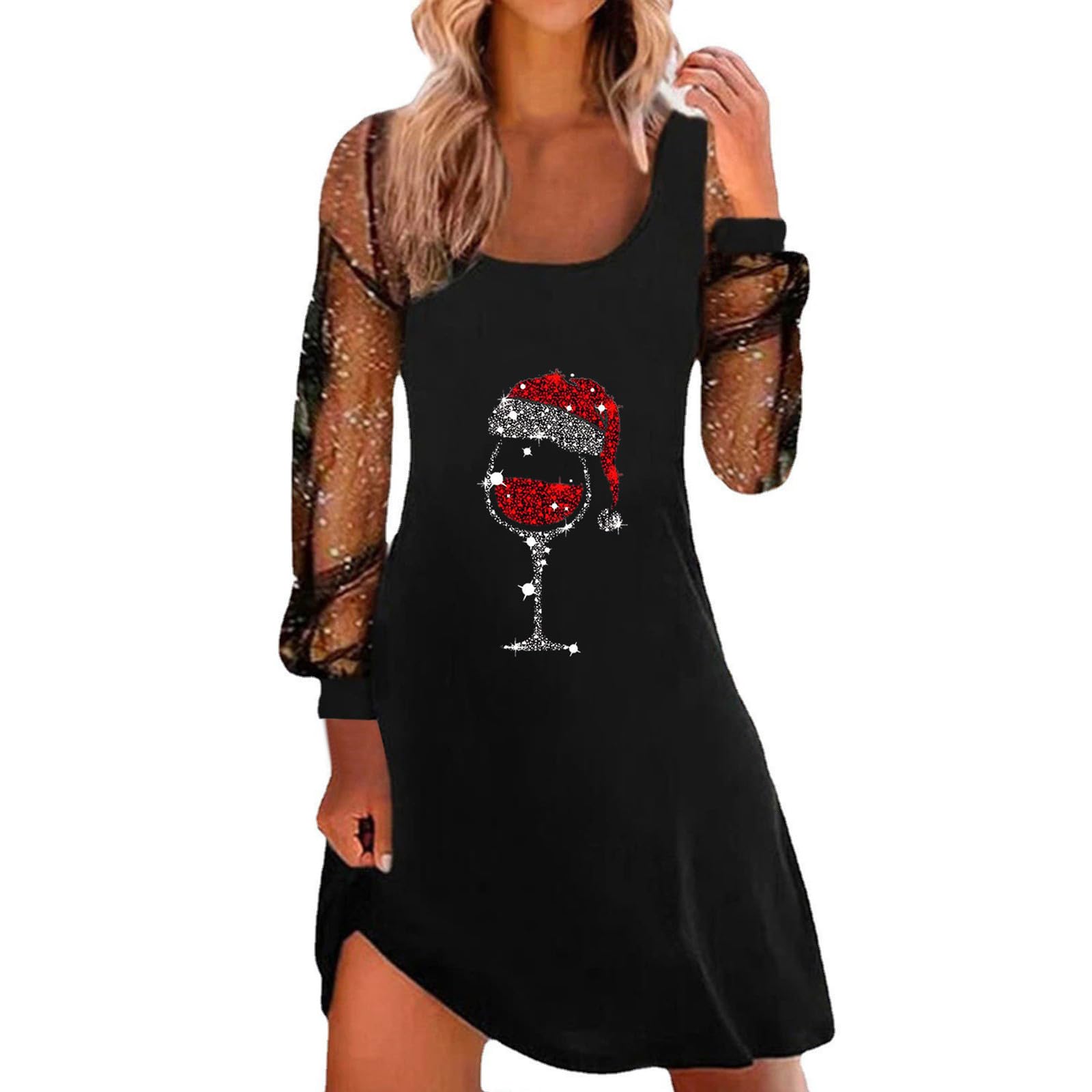 Women Christmas Dresses UK Sexy Spaghetti Strap Tank Dress with Mesh Long Sleeve Santa Xmas Dresses Plus Size Women's Soft Santa Costume for Chirstmas Party Prom