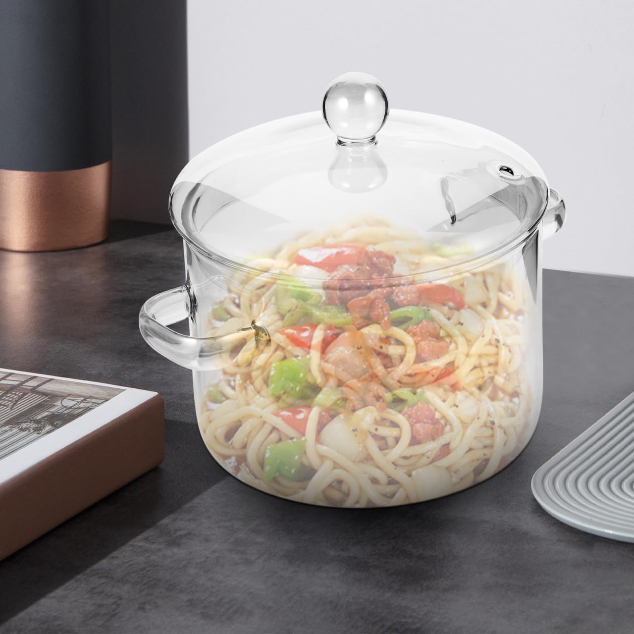 Vaguelly Borosilicate Glass Soup Pot with Lid 1.5L/50Oz Transparent Cooking Pot for Ramen Noodles and Soup Heat-Resistant Double-Handle Cookware for Stovetop Microwave and Oven Use