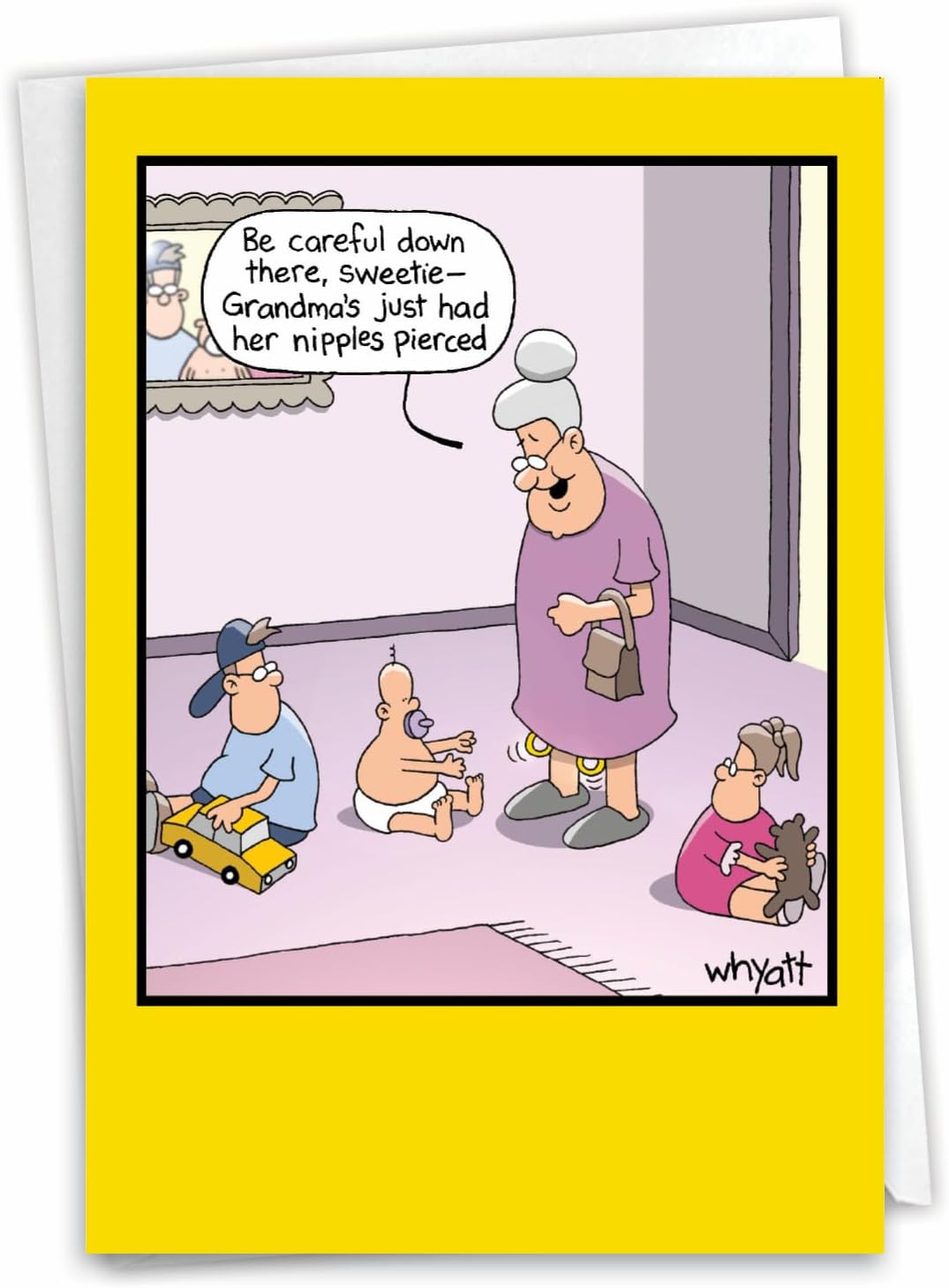 NobleWorks - 1 Funny Cartoon Card for Birthdays - Happy Bday Celebration for Grown-Ups, Humor Stationery Greeting - Grandma's Piercings C4160BDG