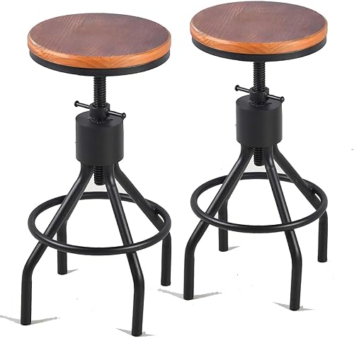 Miniatura 3 de Diwhy Taburete de bar industrial vintage con altura ajustable, taburete de cocina estilo francés de granja, silla giratoria, madera maciza Chiar,