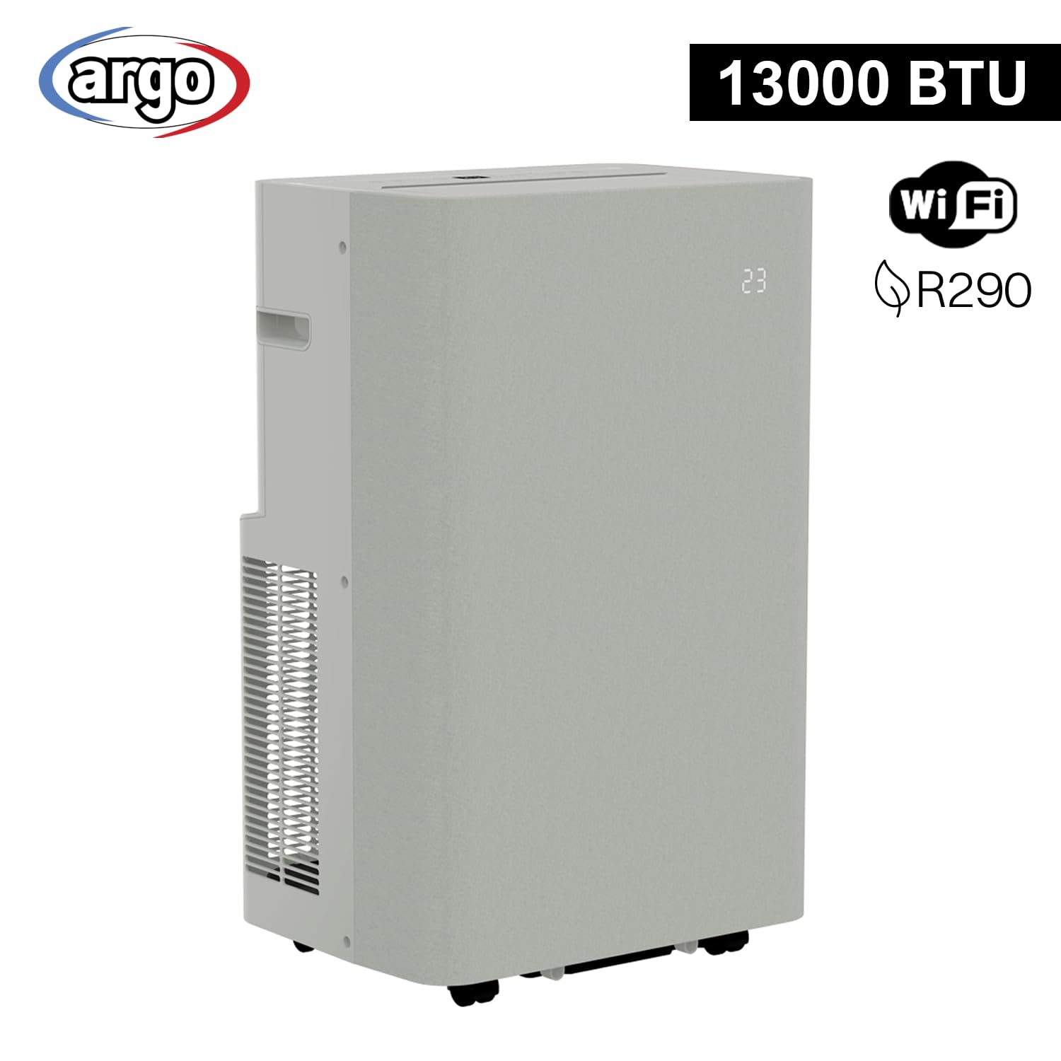 Argo Climatizzatore Portatile Alpha Plus 13000 BTU WiFi con Pompa di Calore | Caldo/Freddo/Deumidificazione, a Basso Impatto Ambientale (Gas Ecologico R290), Frontale in Tessuto, con Kit Finestra, Grigio