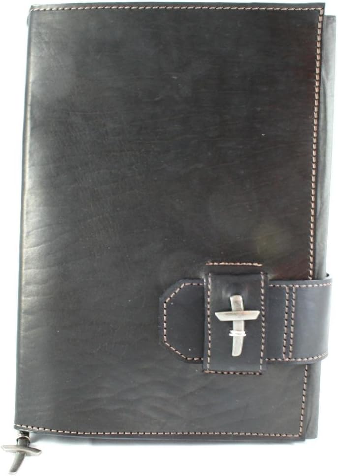Latigo Bible Cover with Slide Closure, Adorned with A Pewter Finish Cross, Durable Leather Bible Cover for Men/Women/Teens/Children, Black
