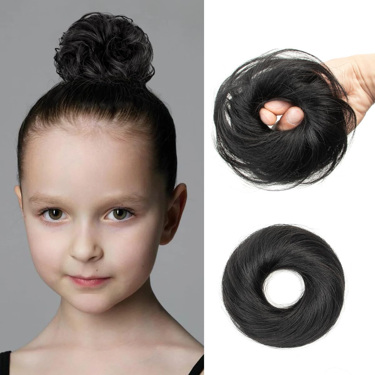 2PCS Hair Bun Fro Women, Black Messy Bun Hair Piece Human Hair Ponytail Extensions Hair Accessories Elastic Easy Scrunchie