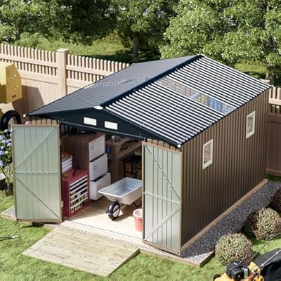 Breezz Outdoor Storage Shed 10 x 12ft. Utility Tool Shed Metal Storage Garden Shed with Lockable Doors, Windows & Metal Frame Floor for Patio Storage,Brown