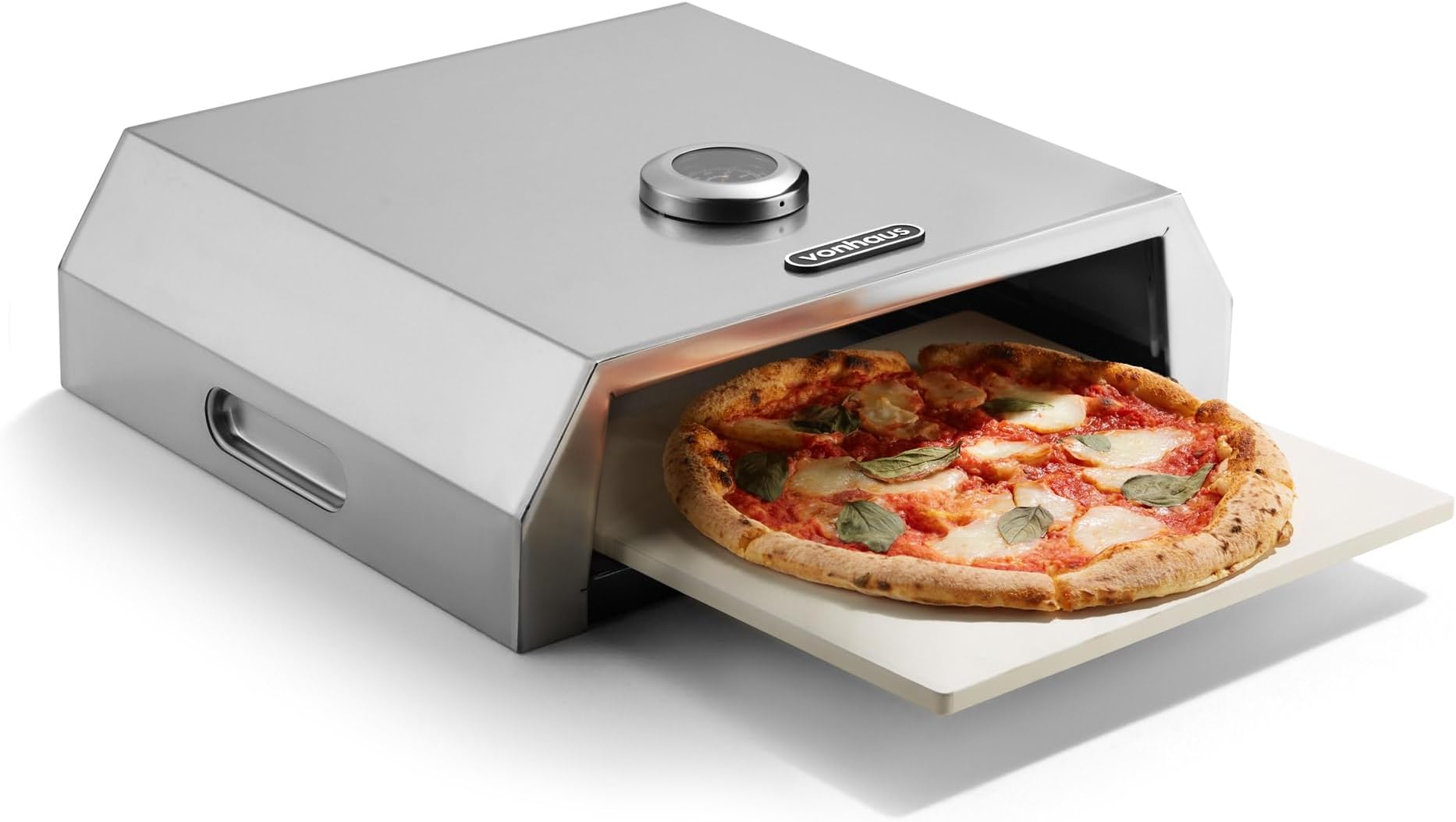 VonHaus BBQ Pizza Oven Outdoor – Stone Included, for Charcoal & Gas Barbecue Grills – Stainless Steel, Temperature Gauge, Carry Handles – For up to 12” Pizzas – Can Also Smoke Meat, Fish & Veg