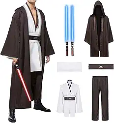 Túnica masculina cosplay fantasia com 2 peças de túnica sabre iluminada com capuz conjunto completo para festa de Halloween