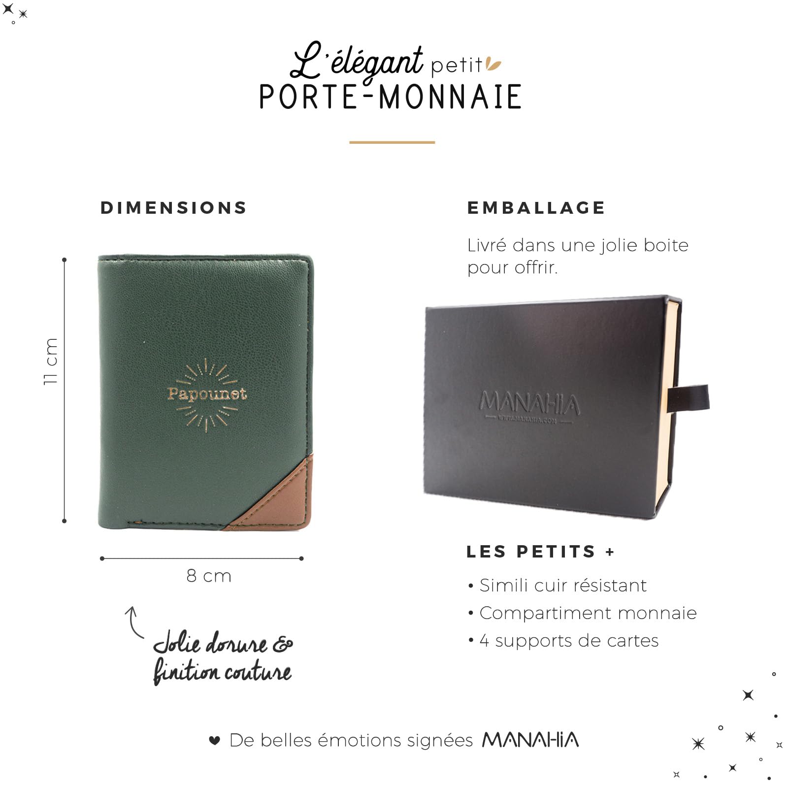 Manahia - Porte Monnaie Papounet - Petit Portefeuille Homme, Porte Carte Compartiment Pièces - Compact, Léger, et Pratique - Simili Cuir Vegan Marron et Vert - Cadeau Fête des Pères