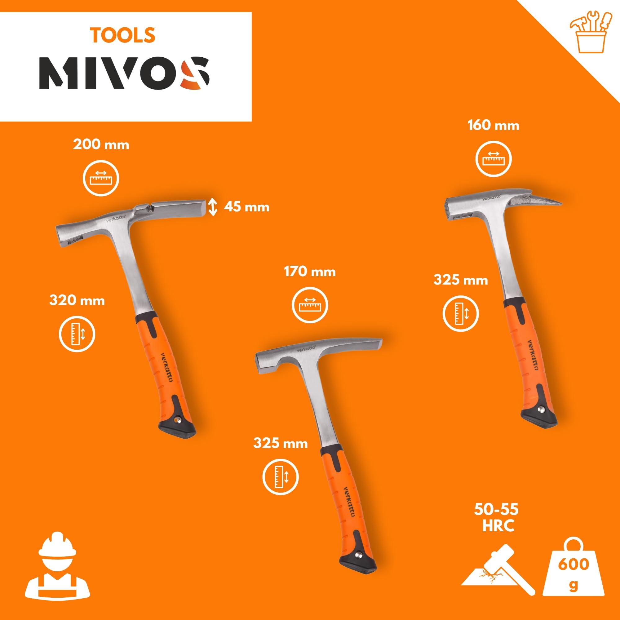 MIVOS Set di 3 martelli – Martello da mattone – Martello da muratore – Martello da mattoni – Peso testa 600 g – Acciaio forgiato – Martello in acciaio con manico anti-vibrazione – Martello da
