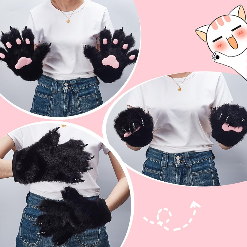 AHANDMAKER 1 Pair Furry Cat Claw Gloves Wolf Paw Gloves Faux Fur Cat Paw Print Mittens Winter Warm for Cosplay Costume Halloween Fancy Party Costume Accessories - Image 3