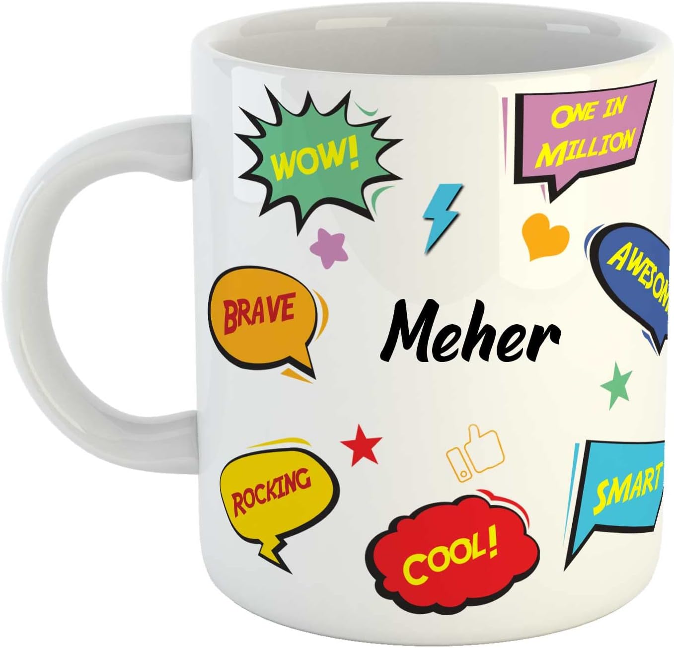 ASHVAH Customized Meher Name Ceramic Coffee Mug - Happy Birthday Gift for Daughter, Sister, Wife, Friend, Return Gift for Kids, Color - White, Name -Meher