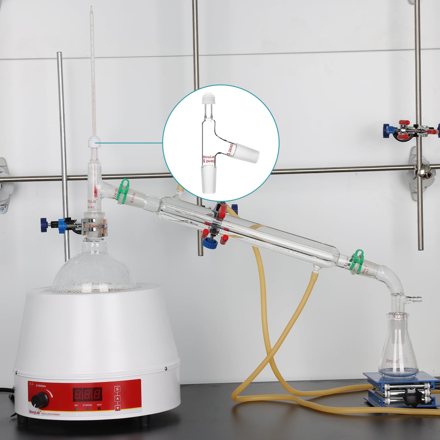 stonylab Adaptateur Distillation de Thermomètre à 3 Voies avec 24/40 Articulation et Bouchon à Vis, 3 Way Distilling Thermometer Adapter pour Appareil de Distillation