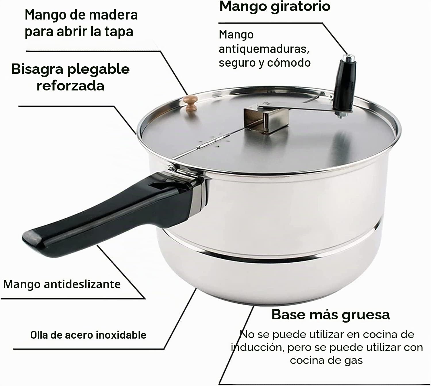 Máquina de Palomitas de maíz, Estufa de Gas de Acero Inoxidable, Olla de Palomitas de maíz Comercial, máquina Manual Antiadherente para Hacer Palomitas de maíz