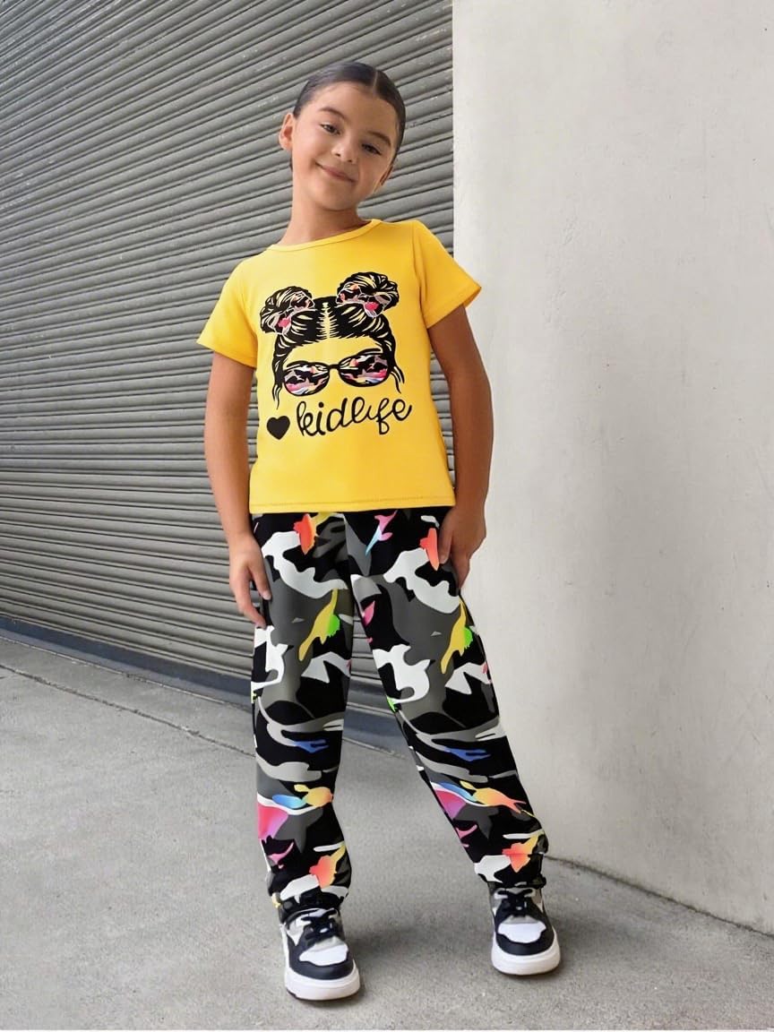 2PC Kids Outfit Toddler Girls Clothes Figure & Letter Print Short Sleeve Top + Camo Print Pants Set - Image 2