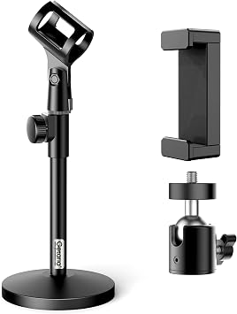 Mini Desktop Microphone Stand with Disc Base and Desktop Microphone Stand, Adjustable Clip, Metal 5/8" Male to 3/8" Female Adapter, Compatible with Blue Yeti Snowball and Other Microphones
