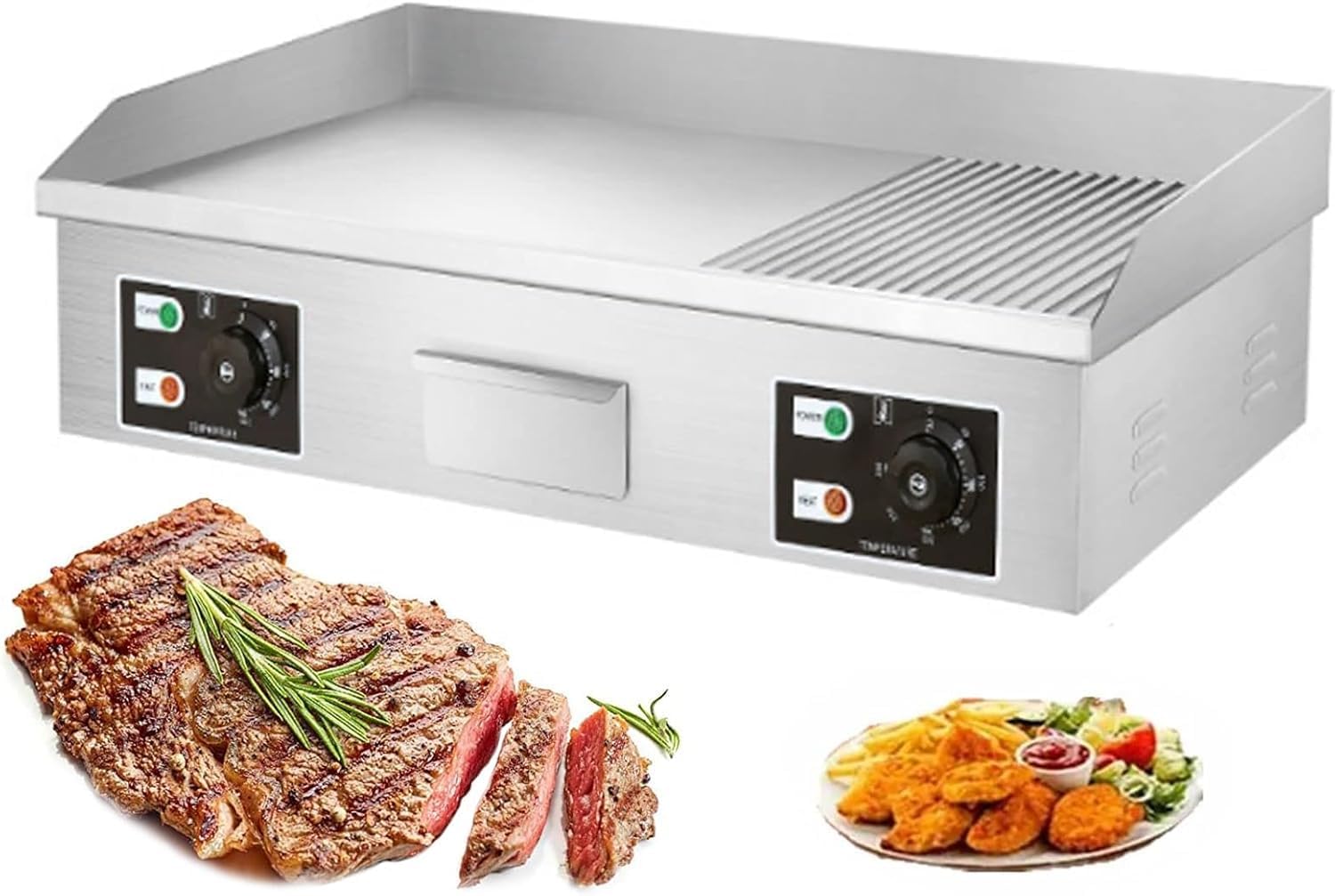 Plancha eléctrica comercial, plancha plana de encimera, parrilla de barbacoa comercial antiadherente de acero inoxidable, dos quemadores con control termostático, 3000 W (2/3 plano y ranura de 1/3)