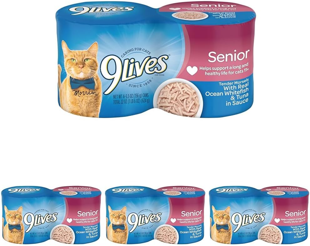 9Lives Wet Senior Cat Food, Tender Morsels with Real Ocean Whitefish & Tuna in Sauce, 5.5 Ounce Cans (Pack of 24)
