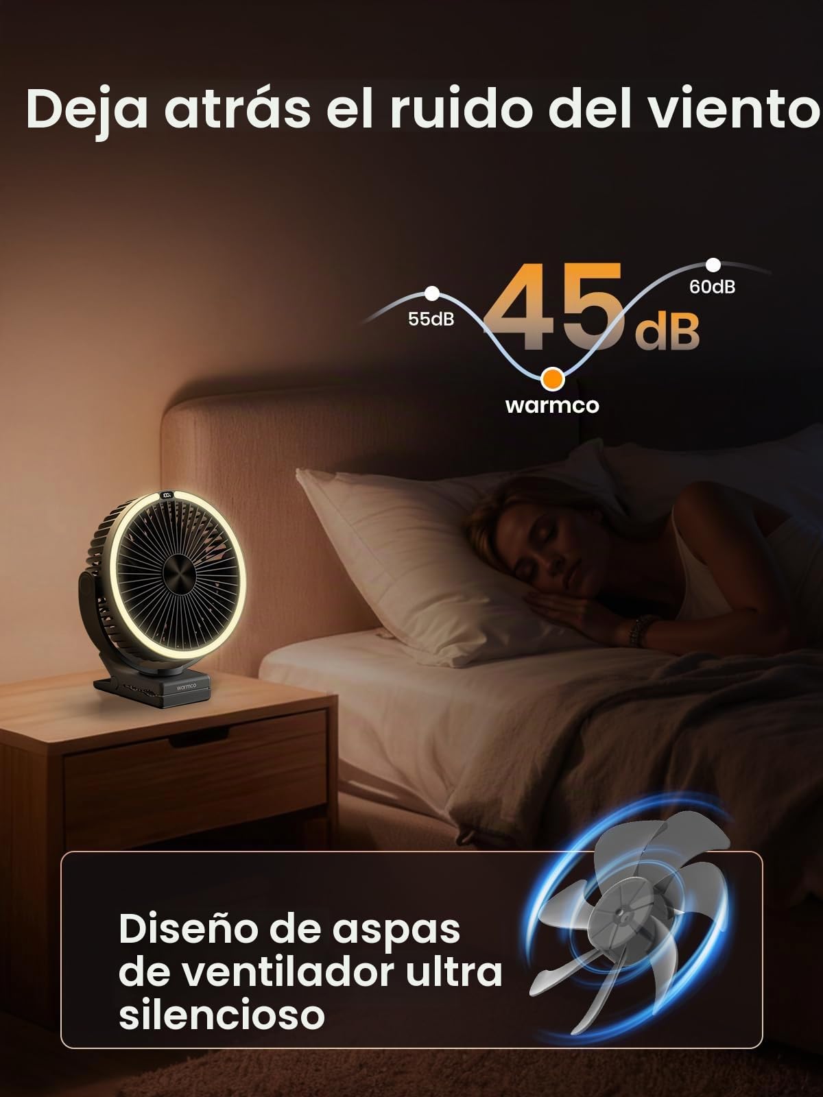 Warmco Ventilador portátil de clip de 15000 mAh recargable, ventilador de escritorio alimentado por batería de 20 cm, linterna LED y gancho, rotación de 360° y 4 velocidades, fuerte flujo de aire para