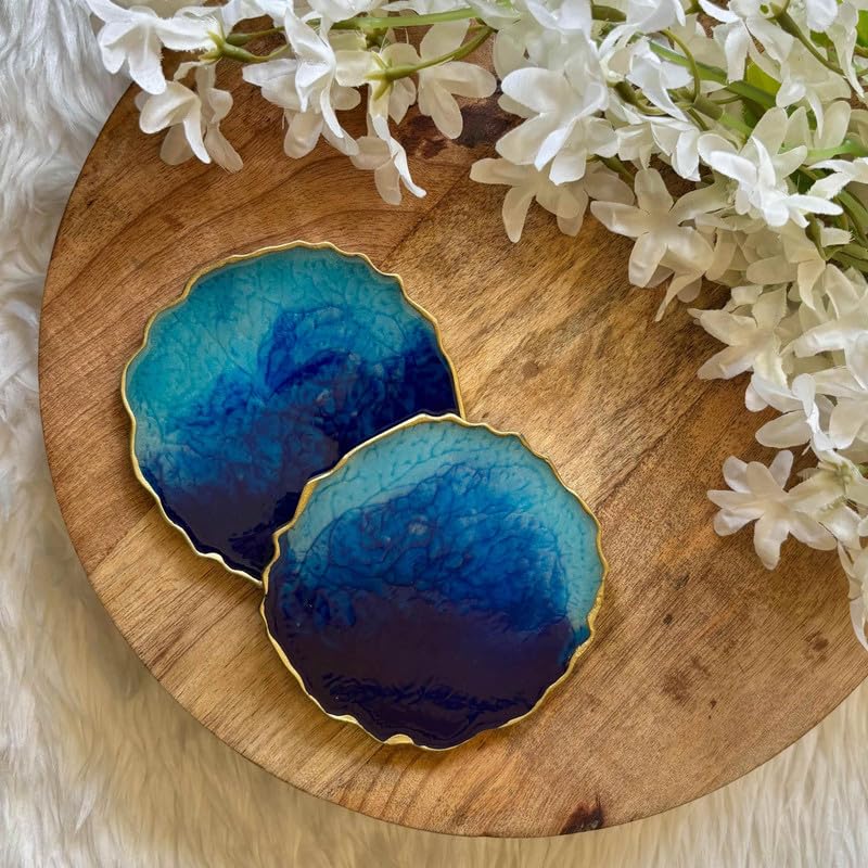 Artlia Handcrafted Geode Coasters for Dining Table Set of 2 (4'' Diameter Ideal for Gifting (Birthdays,Anniversaries,Weddings),Enhancing Home Decor,Gifts,and Special Occasions (Ocean)