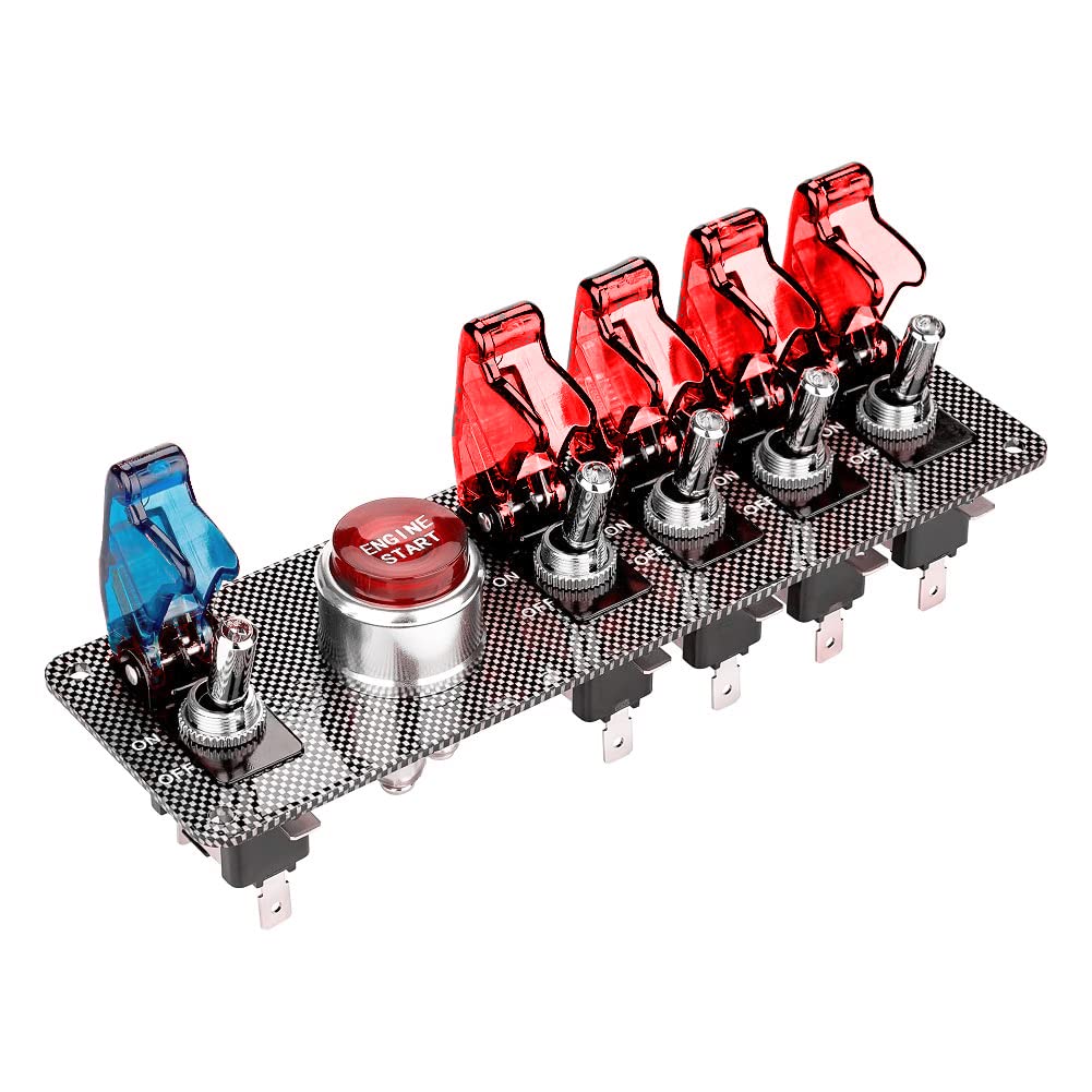 Panel de interruptor de encendido Flip-Up DC12 V, 5 en 1, botón de arranque para motor de coche, botón de encendido LED para carreras, competición (4 azul 1 rojo) (4 rojo 1 azul)