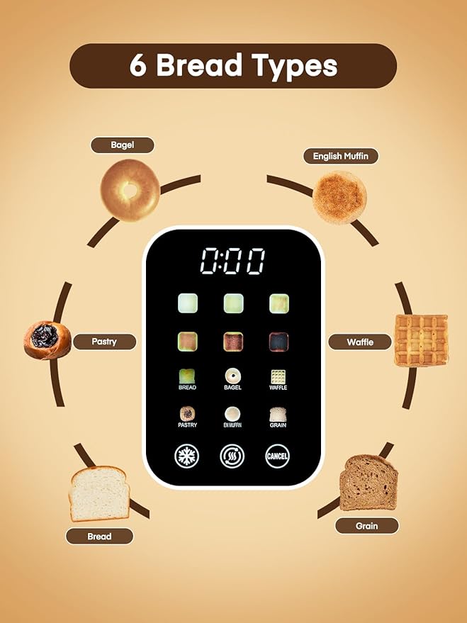 4 Slice Toaster Touch Screen Control, Long Extra Wide Slots Smart Bread Toaster, 6 Bread Types & 6 Shade Settings, Stainless Steel, with Removable Tray, Cancel/Defrost/Reheat Function, Grey