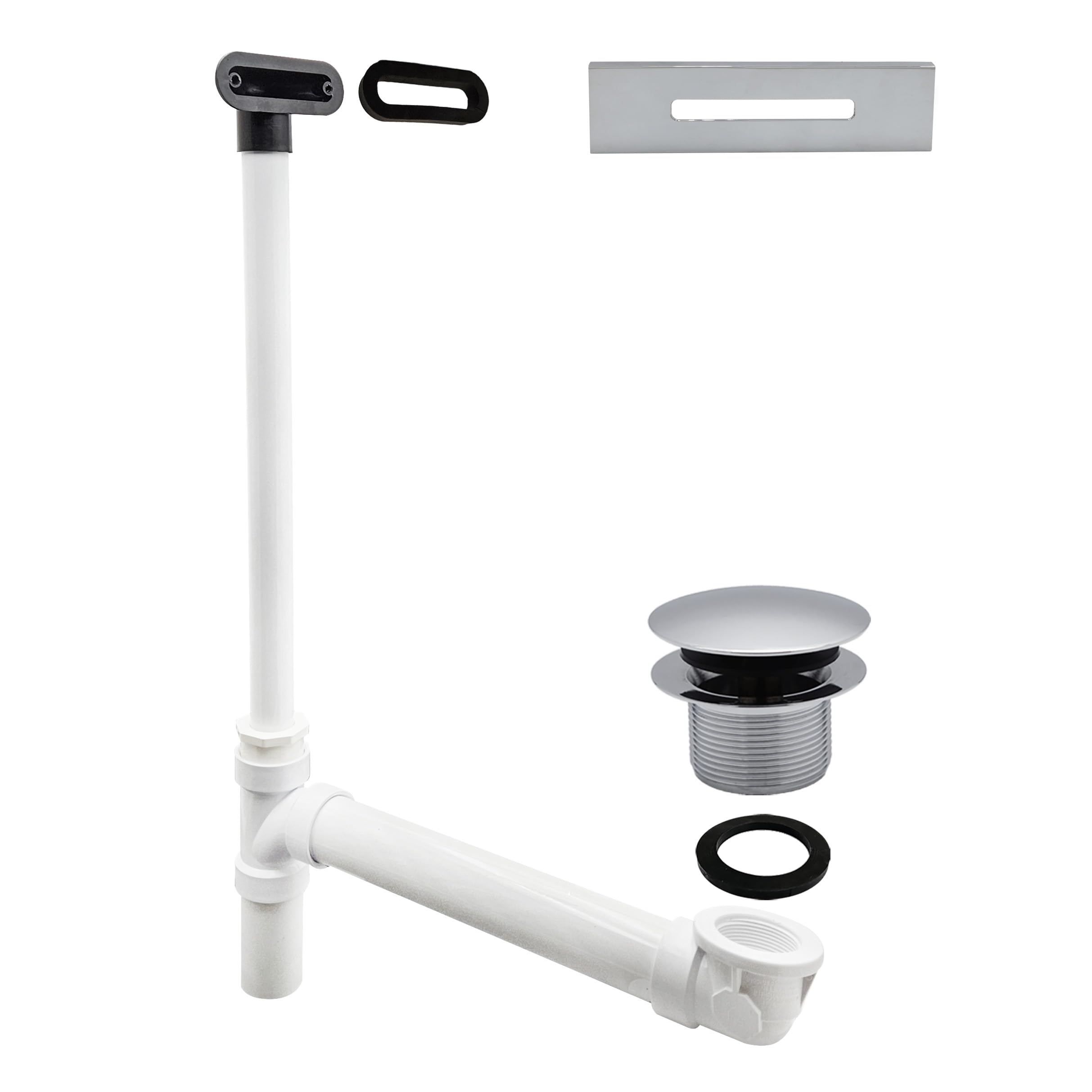 Westbrass A493244SLD-26 Low Profile Schedule 40 PVC-Badeab- und Überlaufmontage, lineare Überlaufblende, Spitzen-Zehen-Ablaufstopfen, 48,3 cm Badewannenablauf, poliertes Chrom
