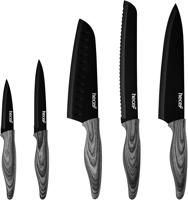 hecef 5 pcs Kitchen Knife Set, Professional Knife Set with Cover, Ultra Sharp Nonstick Coating Stainless Steel Blade & Ergonomic Handle