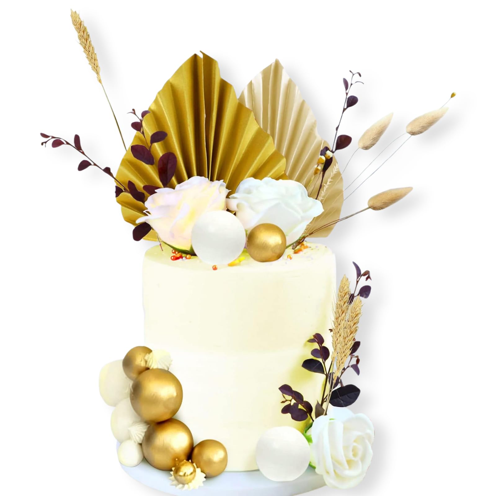 Livzikaroa Gold Palm Leaf Cake Decoration Set Champagne Rose Balls White Gold Ball Cake Topper for Birthday Party Home Celebration Photo Backdrop