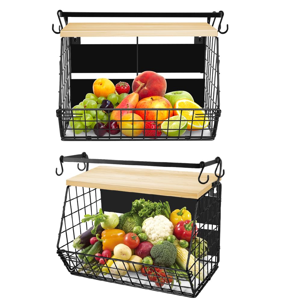 LANTUS - Cesta de frutas colgante, cesta de frutas de pared, cesta de frutas de pared, para cocina, con tapa de madera, para almacenamiento de frutas y verduras, 35 x 17 x 29,5 cm (dos) negro
