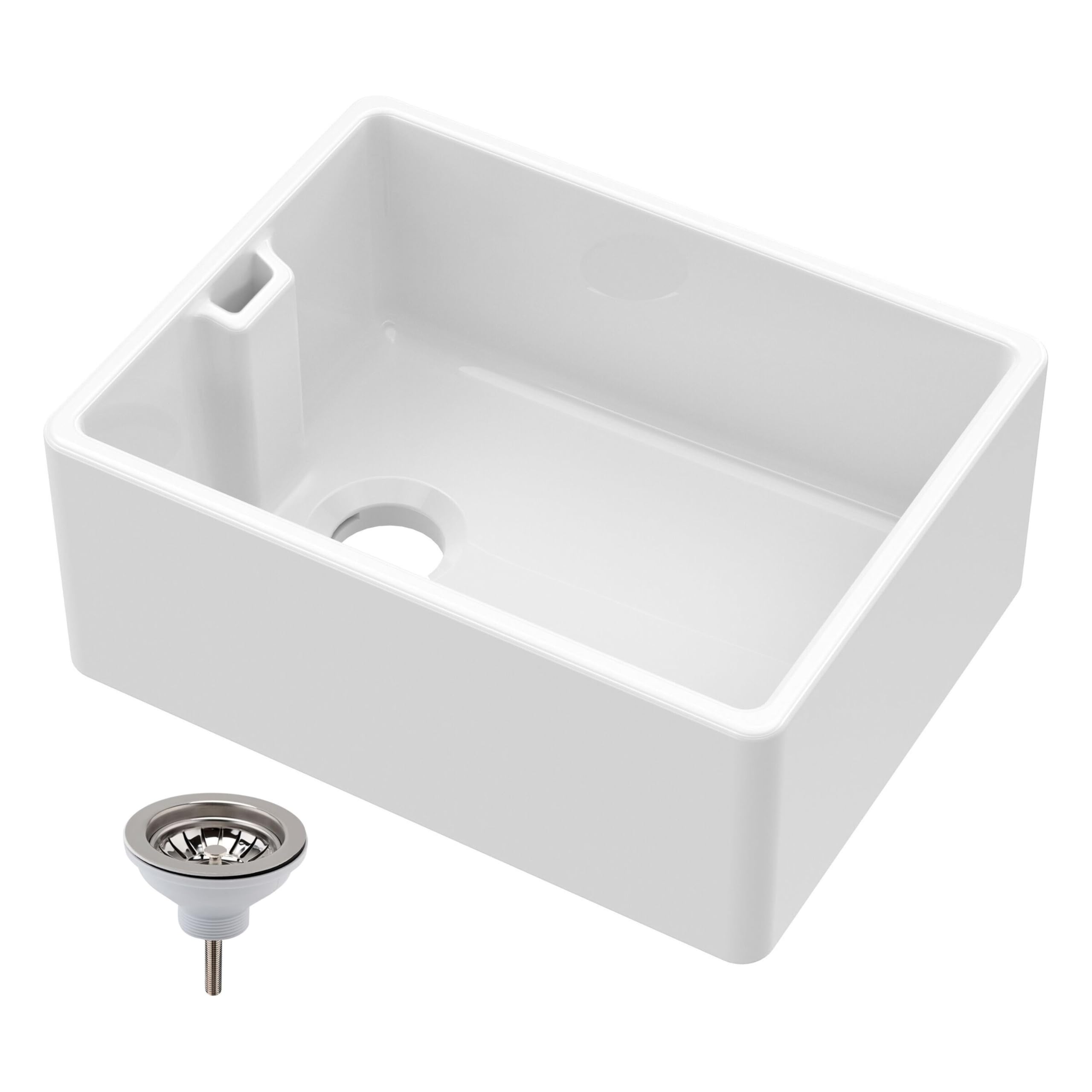 Balterley White 595Mm Belfast Kitchen Sink Single Bowl With Waste & Built-In Weir Overflow, Durable Belfast Fireclay Ceramic Kitchen Sink Bowl, Reversible Farmhouse Sinks - 595 X 455 X 245Mm (White)