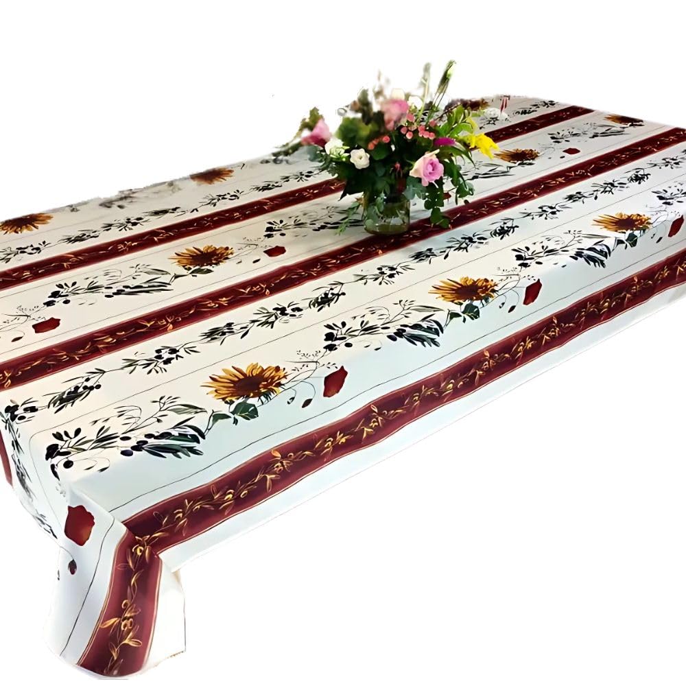 Promo Linge Beige And Red Stain-Resistant Tablecloth 100% Polyester Terracotta Design (240 X 150 Cm)