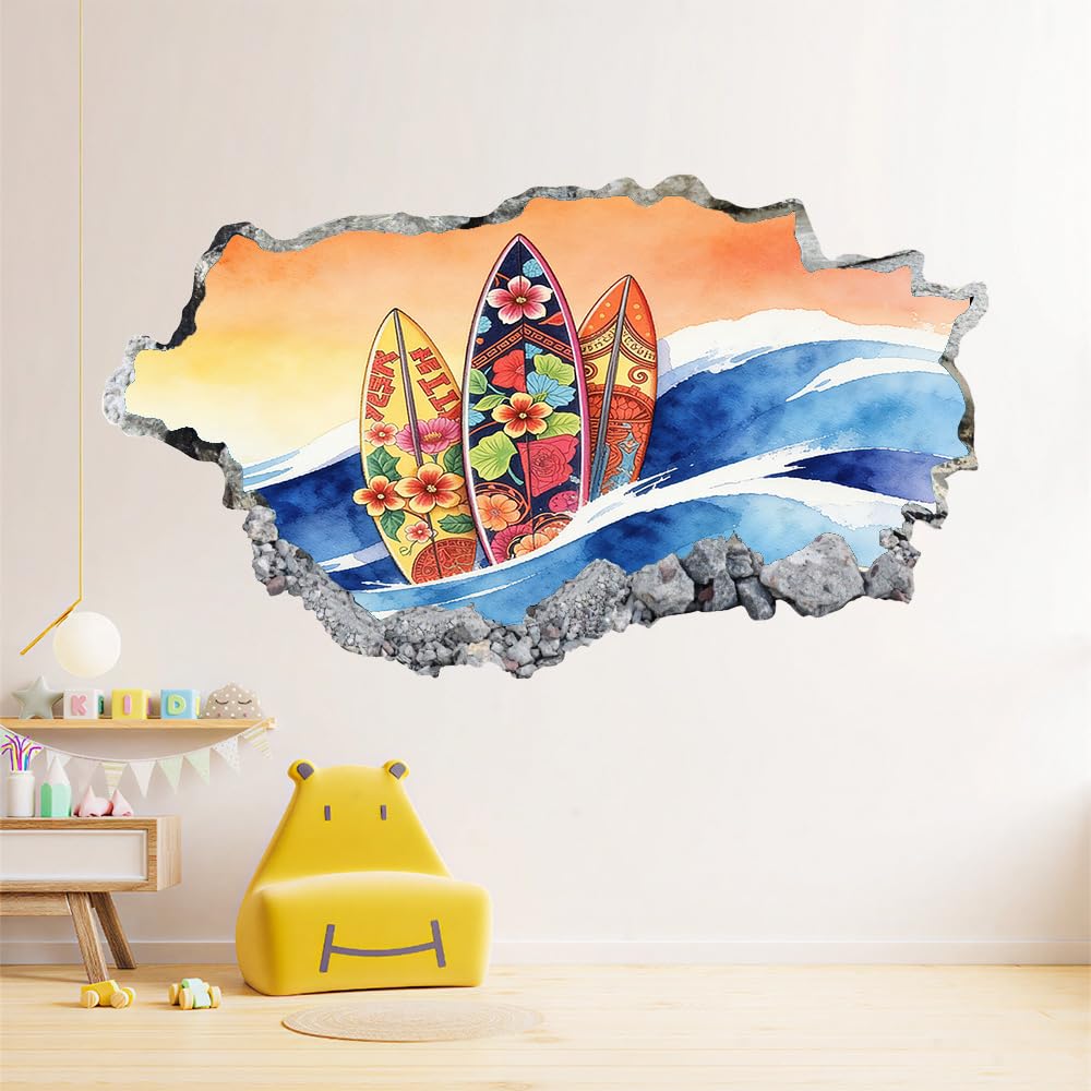 3D Wandaufkleber, Surfbrettblume Durchbruch Wandtattoos Deko Wand Selbstklebend Blaue Wellen, Wand Aufkleber Wanddurchbruch Wandsticker für Zuhause, Badezimmer, Schlafzimmer, Wohnzimmer
