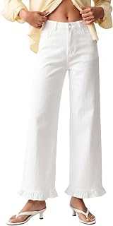 GRAPENT Wide Leg Jeans for Women Ruffle Hem High Waisted Ankle Denim Pants | Trendy Baggy Jeans, Stretch Denim, High Rise Fit, Cropped Jean Pants, 27.5 Inch Inseam, Flattering Ruffle Hem, Weekend Casual