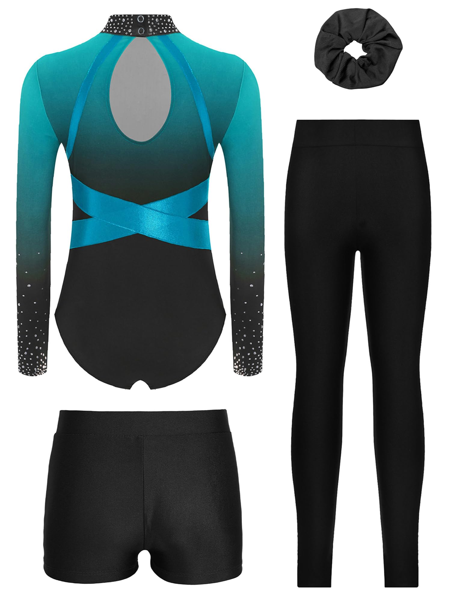 Completo da Ginnastica Bambina Strass Body da Pattianggio Artistico Leotards Manica Lunga con Pantaloncini Pantaloni Fascia Tuta Danza Classica
