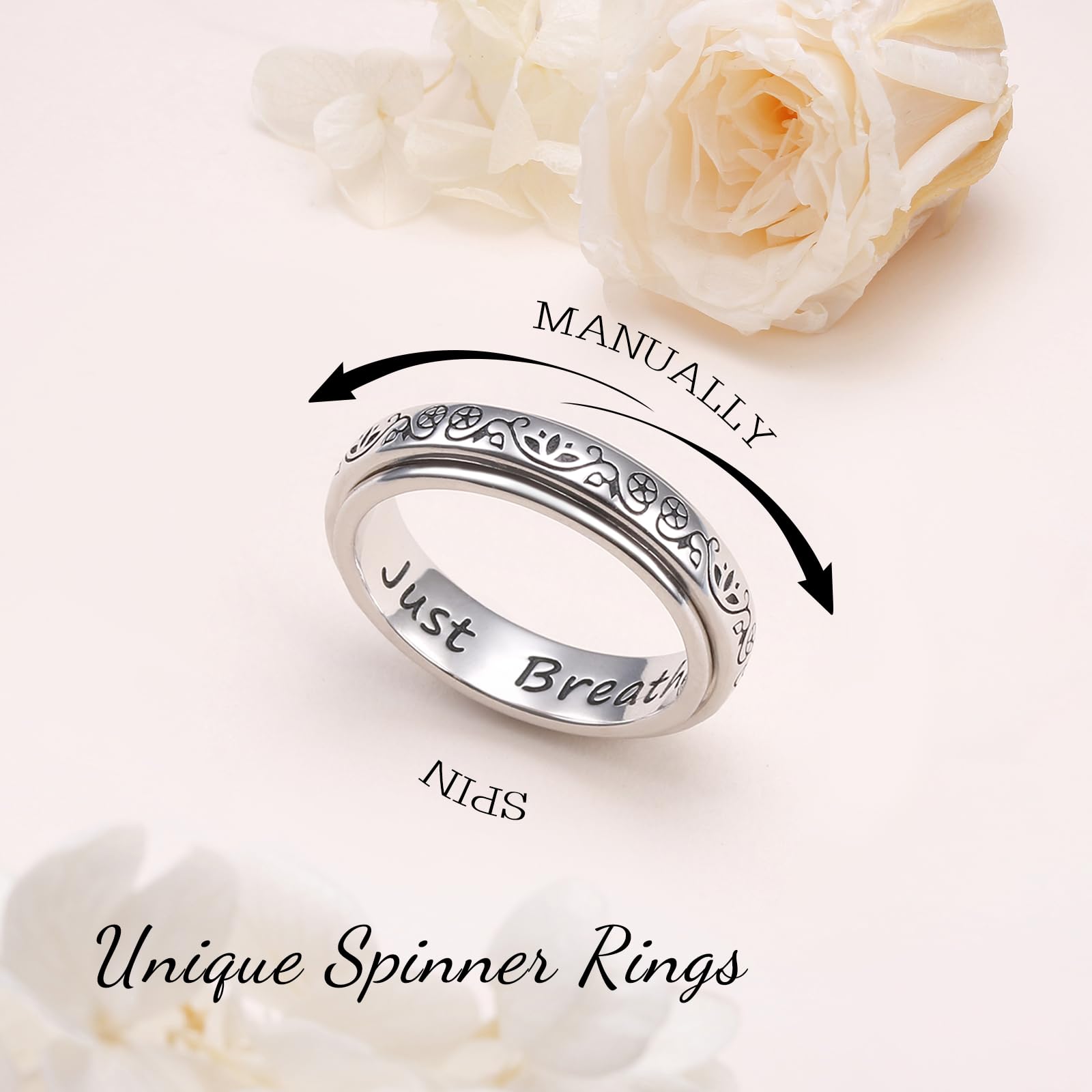 Anillo antiestrés de plata de ley 925 con flor de loto para yoga, Just Breathe Spinner para aliviar el estrés, el aburrimiento, TDAH, autismo, para mujeres y hombres
