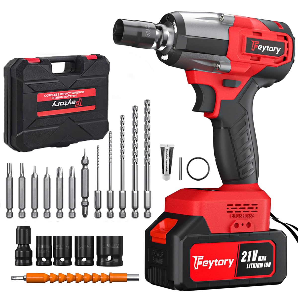 Cordless Impact Wrench,1/2" Brushless Power Impact Gun,2500RPM Electric Wrench, Max Torque 550N.m with 4 Sockets, 12PCS Screwdriver Bits, 4.0Ah Battery & Carry Box for Car Home