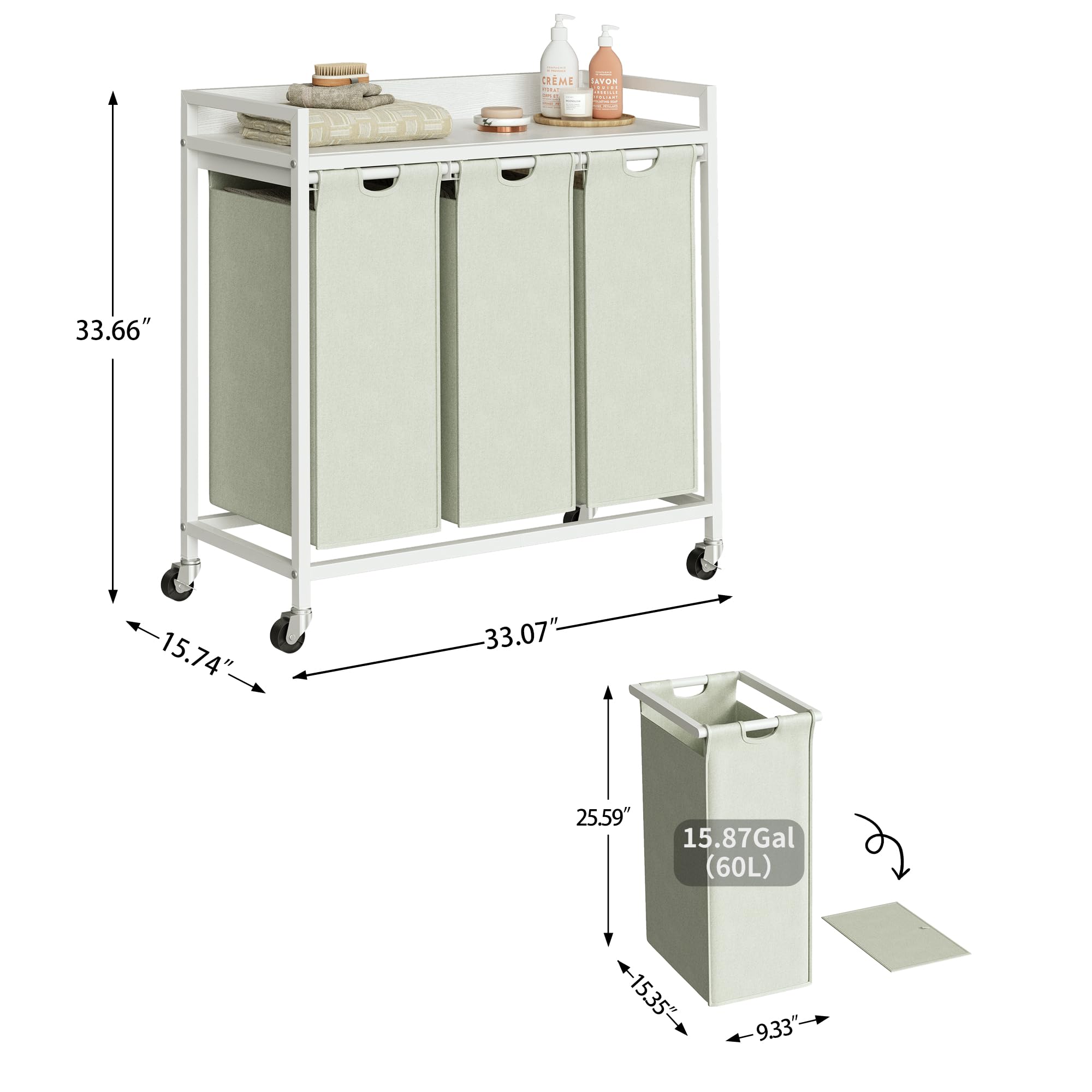 Herture Wasmand met plank, wasmand 3 secties, wassorteerder met uittrekbare verwijderbare grote zakken en beweegbare wielen, metalen frame, 3 x 15,87 gallons (60 l), wit PF04XLW