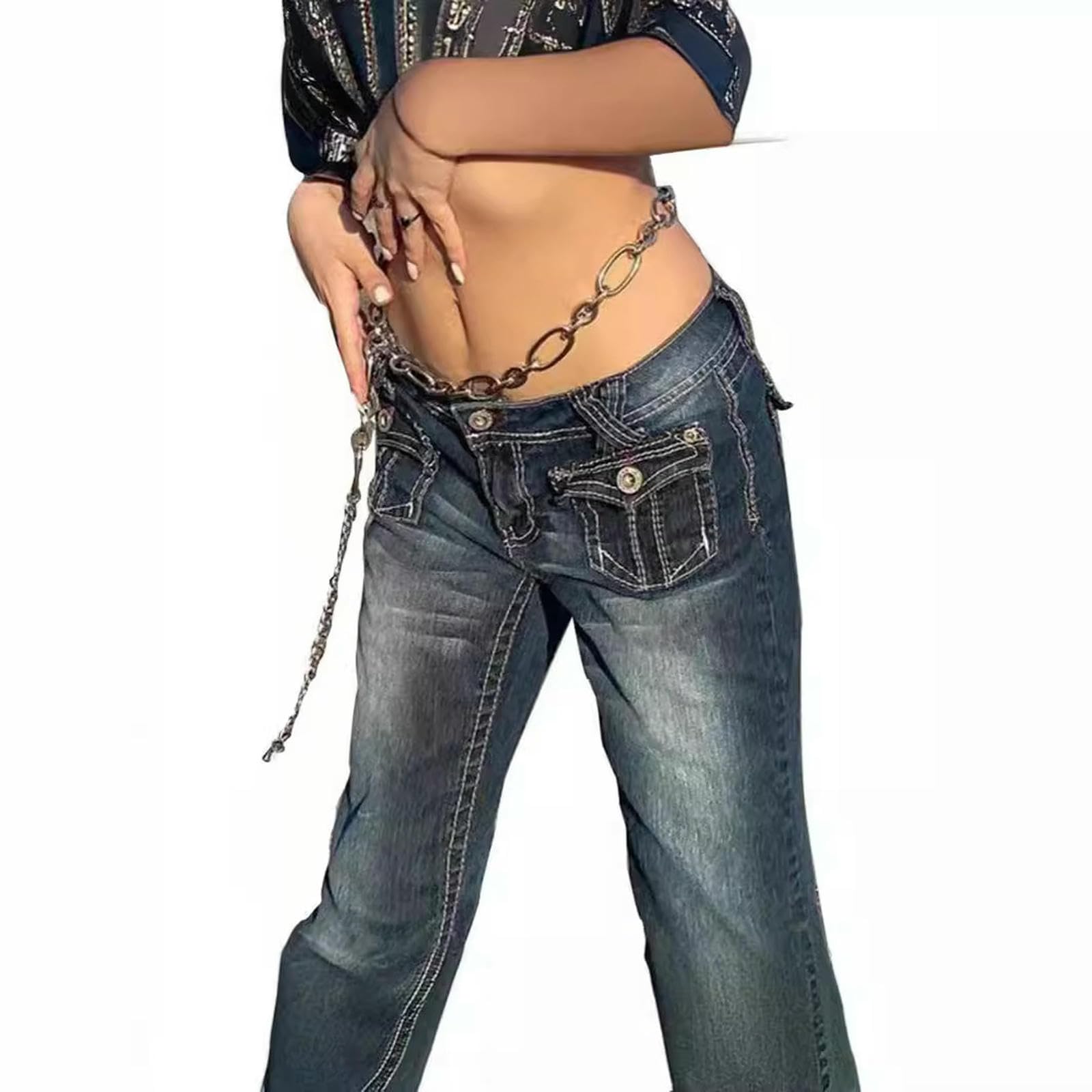 Jeans da Donna Svasati Elasticizzati Donna, Pantaloni A Vita Medio-Bassa, vestibilità Ampia, Vintage Invecchiati-Blu Scuro-2xl