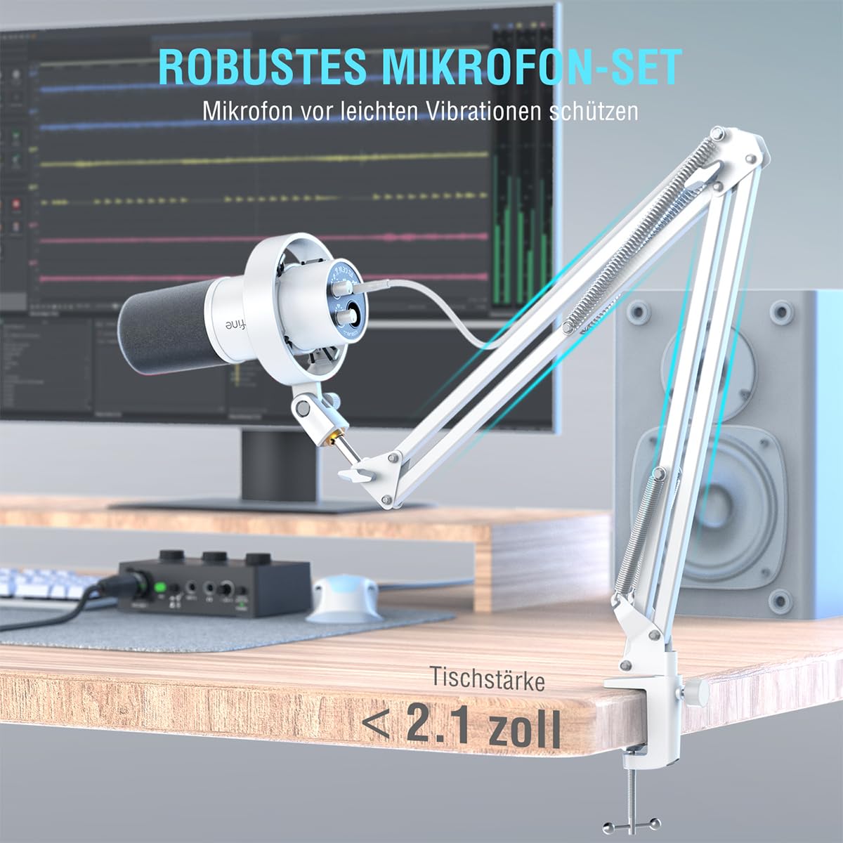 Fifine K688CTW Kit Micrófono Dinámico Podcast Blanco | Con Brazo de Boom, Puertos XLR/USB para PC, Mezclador de Audio. Conector de Auriculares para Grabación Vocal y Música