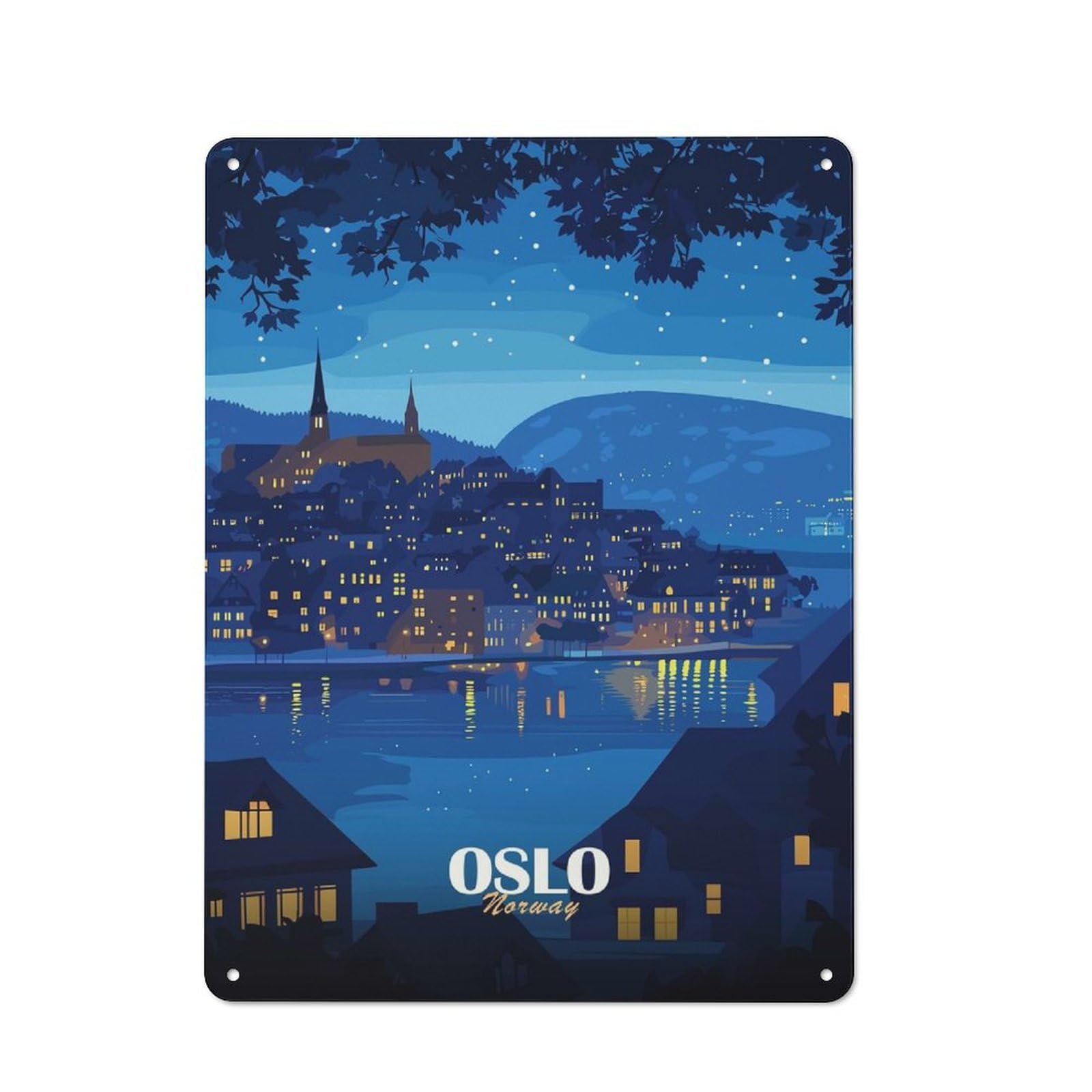 Junmoney Oslo, Norway Night Cityscape Illustration Vintage Tin Sign 40X30cm For Lounge Or Reading Corner, For Reading Corner Decorators