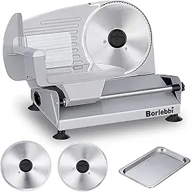 Cortador de carne, fatiador elétrico de alimentos 200W com duas lâminas removíveis de aço inoxidável de 7,5" e uma bandeja de aço inoxidável, proteção de bloqueio infantil, espessura ajustável, máquina de fatiador de alimentos para pão de queijo de carne