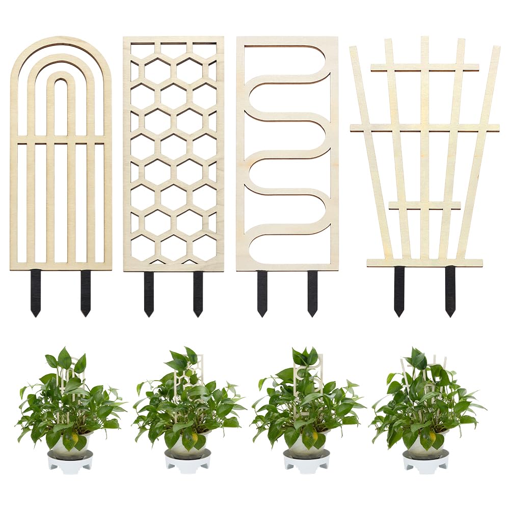 FINGERINSPIRE 4Pcs Treillis pour Plantes D'Intérieur 4 Styles en Bois Amande Blanchi pour Plantes Grimpantes D'Intérieur Formes Mixtes Support pour Plant de Jardin Lierre Plant D'Extérieur en Pot