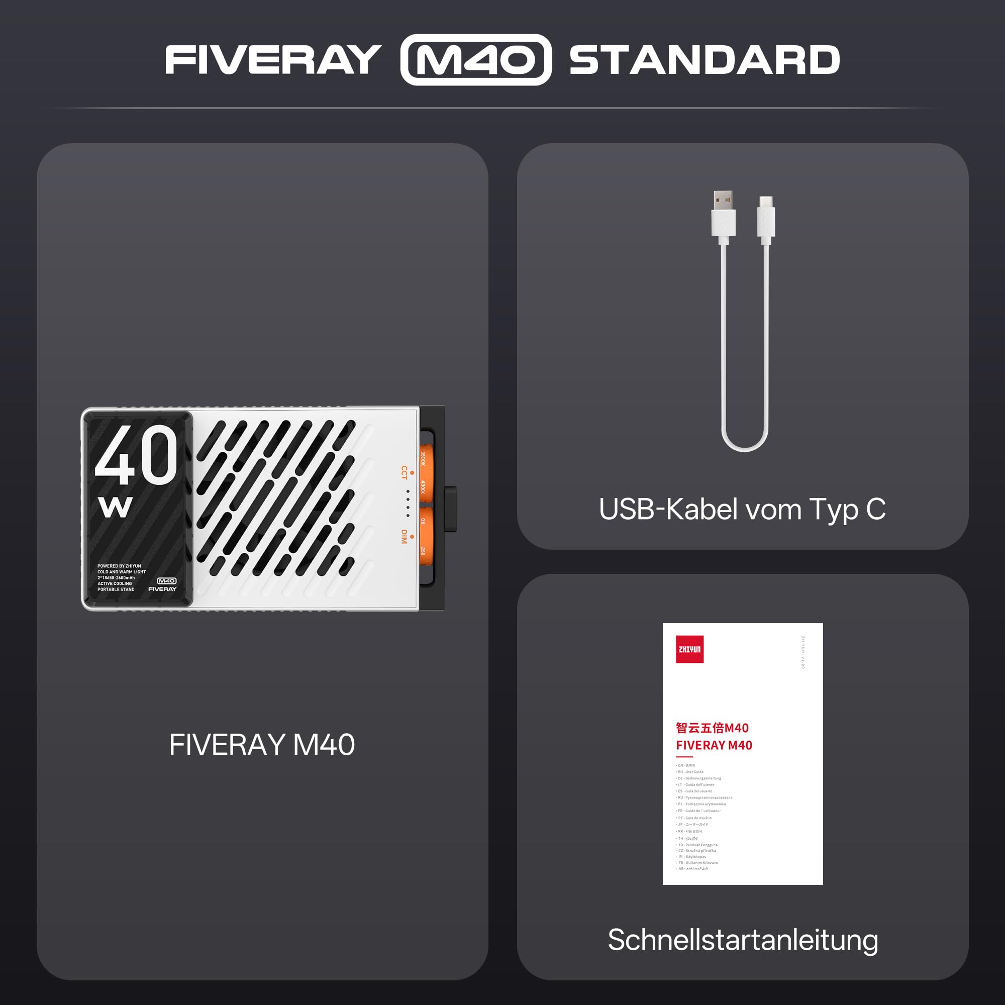 ZHIYUN FIVERAY M40 LED Videoleuchte [Official], 40W Videolicht mit 14000 Lux und 2700-6200K, CRI 96+, 320g Tragbares Video/Foto/Kamera/Streaming Licht für YouTube TikTok, mit 176 LED