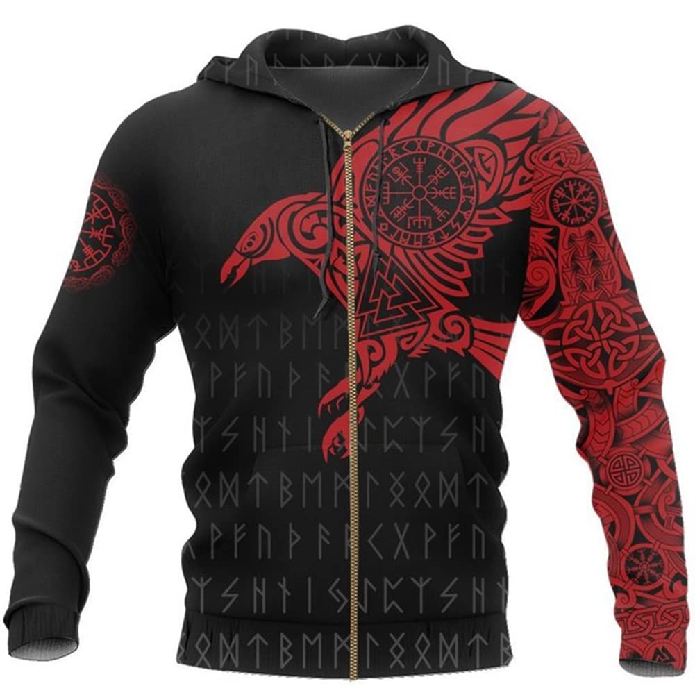 Męskie Bluzy Rozpinane Viking Tattoo The Raven of Odin Bluza Nadrukiem 3D Unisex Jesienna Nowość Odzież (Rozmiar US),Red raven zipper,M
