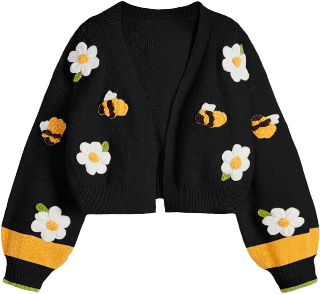 SHENHE Women's Cute Floral Bee Embroidered Crop Cardigan Open Front Lantern Sleeve Knit Sweater