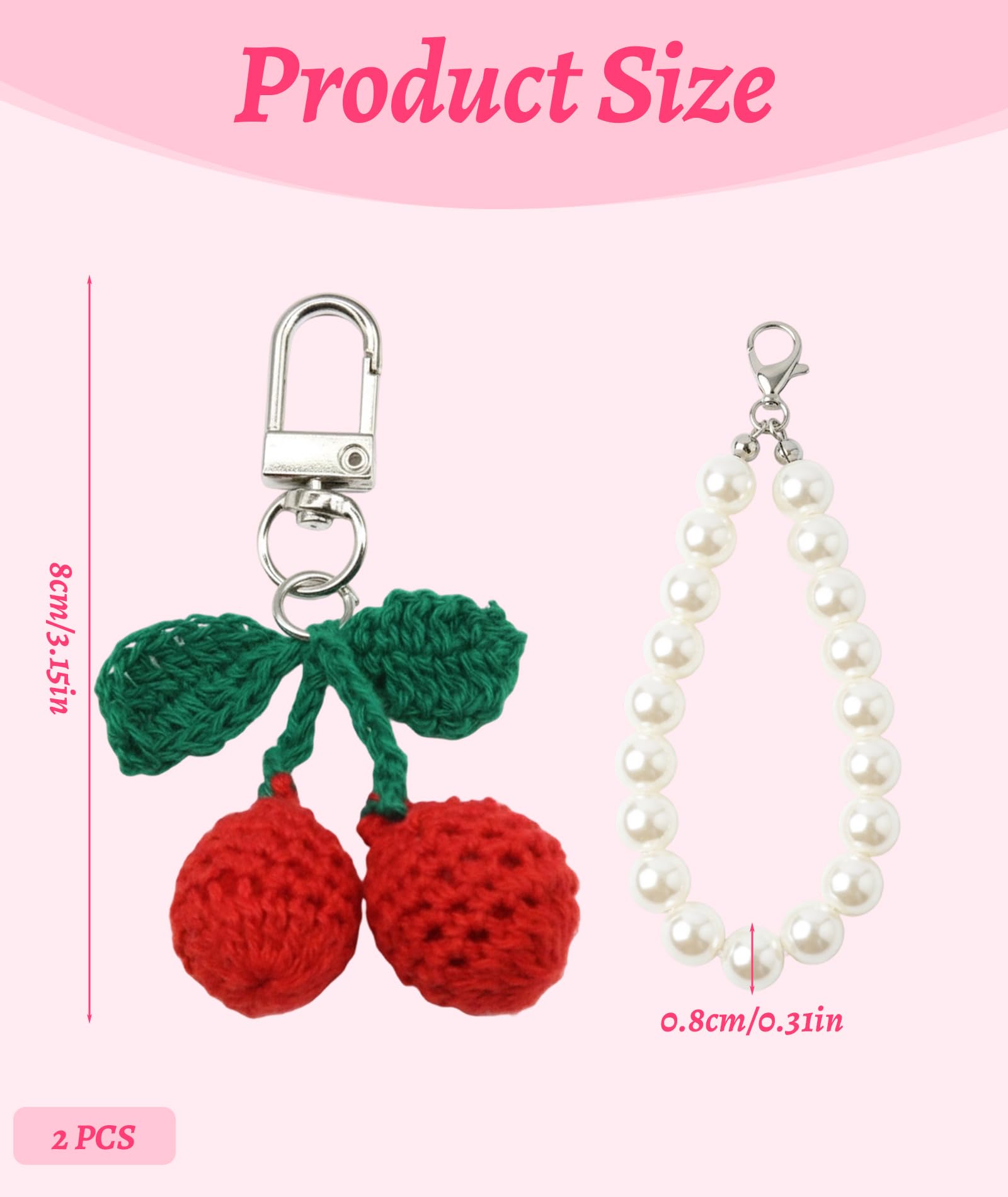 Crochet Keychain, Cherry Pearl Keychain, Kawaii Cherry Crochet Key