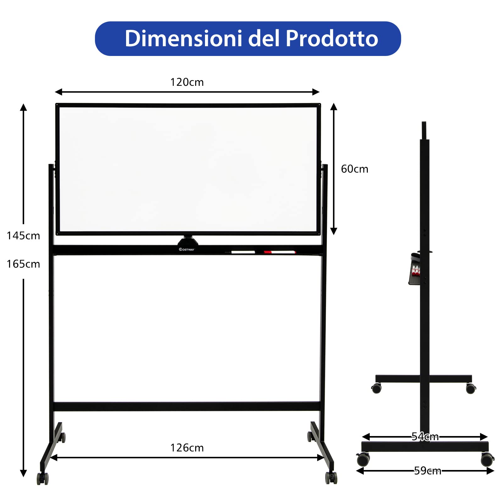 COSTWAY Lavagna Bianca Magnetica Doppia, Design Regolabile in Altezza con Ruote Bloccabili, 6 Pennarelli, 12 Calamite e 1 Cancellino, Ideale per Casa Ufficio e Scuola, 126 x 59 x 145/165 cm (Nero)