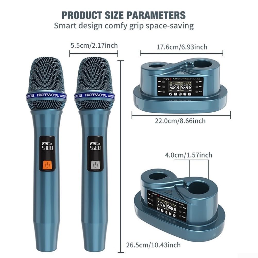 Magentic Wiederaufladbares UHF-Funkmikrofonsystem mit Dual-Handmikrofon, 79 m Reichweite, dynamischer Nieren-Tonabnehmer für Karaoke, Kirche, Partys und Events, Blau