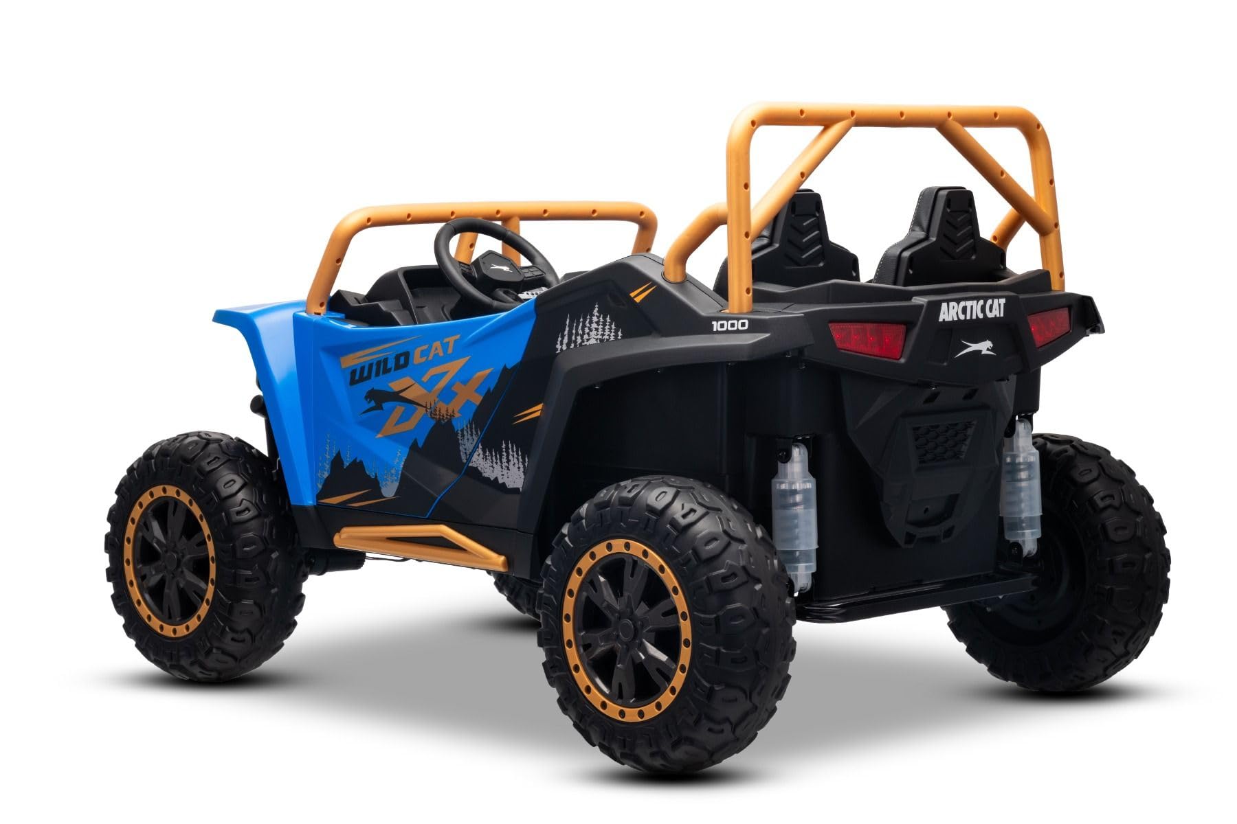 Buggy elettrico Artic CAT XXL 4x4 24V, blu, due posti, ruote in EVA morbida, motori potenti, batteria al litio, lettore MP3 con Bluetooth, sospensioni posteriori, sedili in ecopelle, con licenza