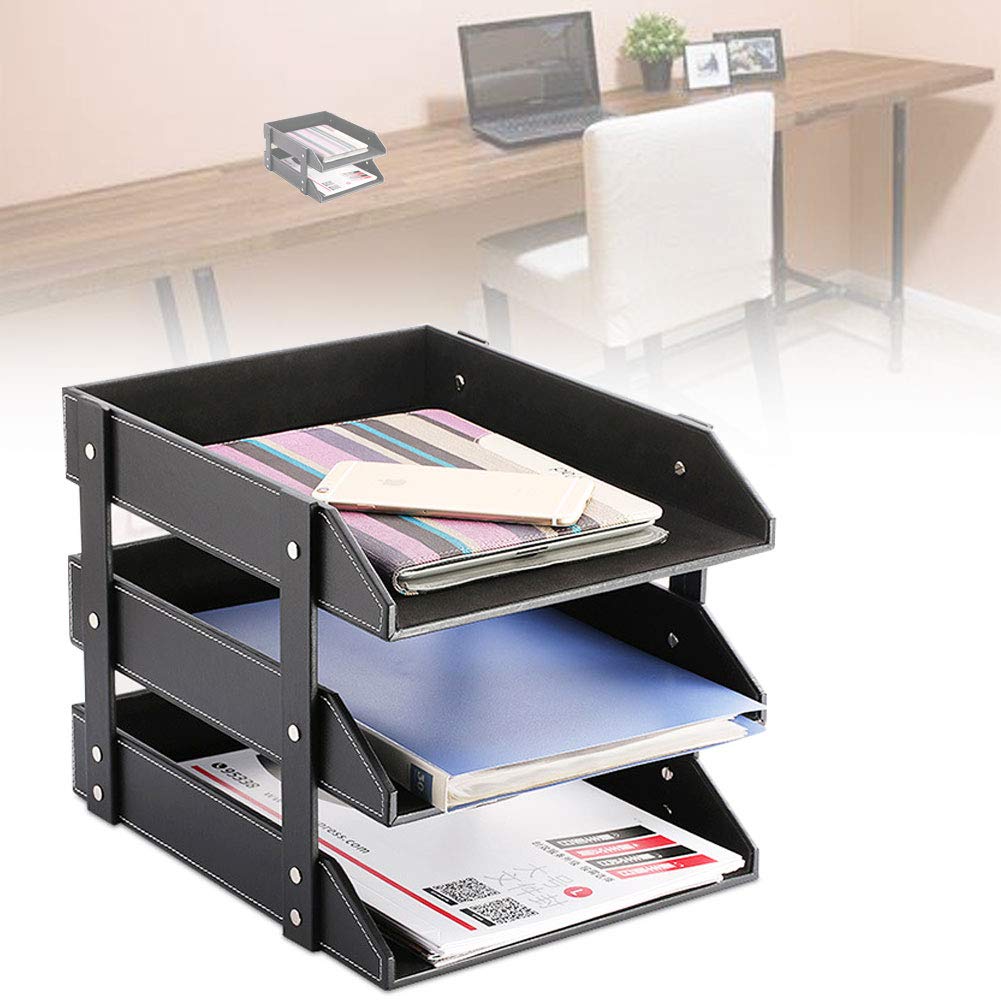 NANANA Vassoio a 2/3 Ripiani per Documenti Impilabile, Facility Organizzatore di Documenti Vaschette Portadocumenti, Pelle Sintetica, Assemblaggio Semplice e Veloce,Nero,Third Floor